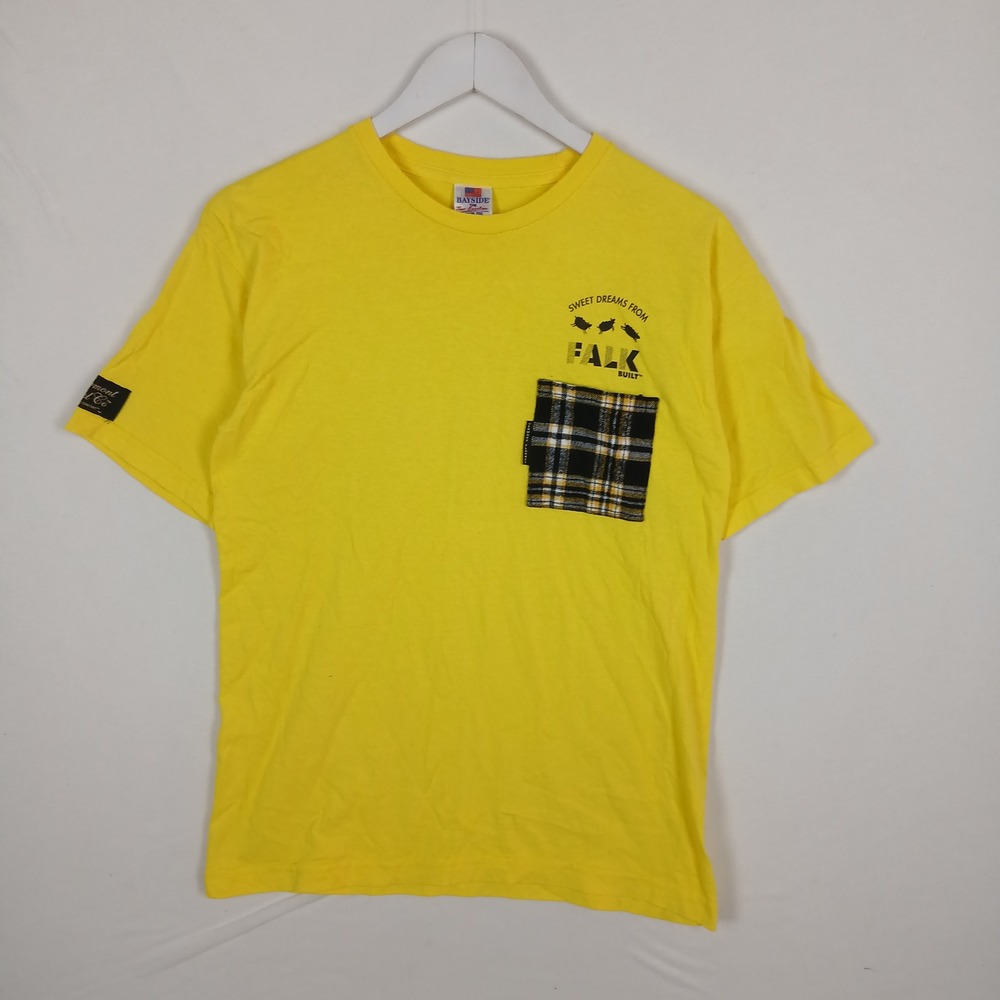 Bayside Yellow Graphic Pocket T-Shirt Plaid Pocket Falk Built Made in USA Small